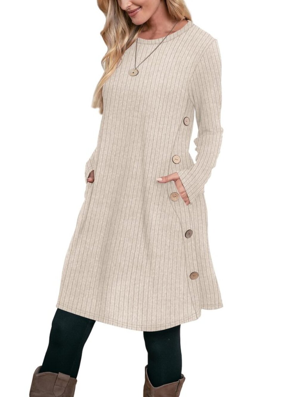 Fall Dresses for Women 2026 Crew Neck Long Sleeve Dress with Pockets